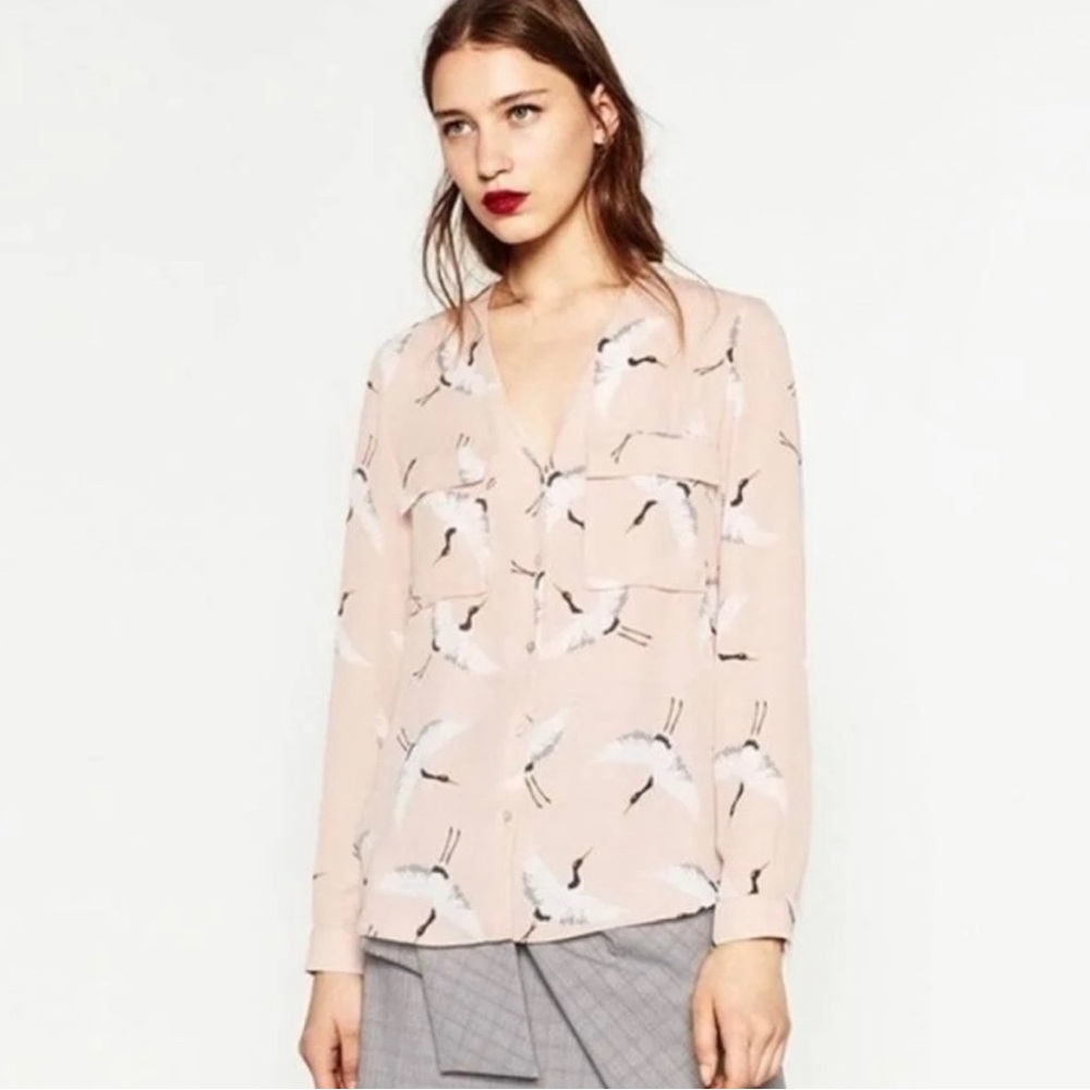 Zara Cream Crane Bird Print Long Sleeve Blouse Womens M Asian Inspired